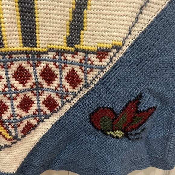 Handmade Afghan Throw Knit Blanket Blue Floral Butterfly Cross Stitch 64 x 54" - Picture 7 of 9